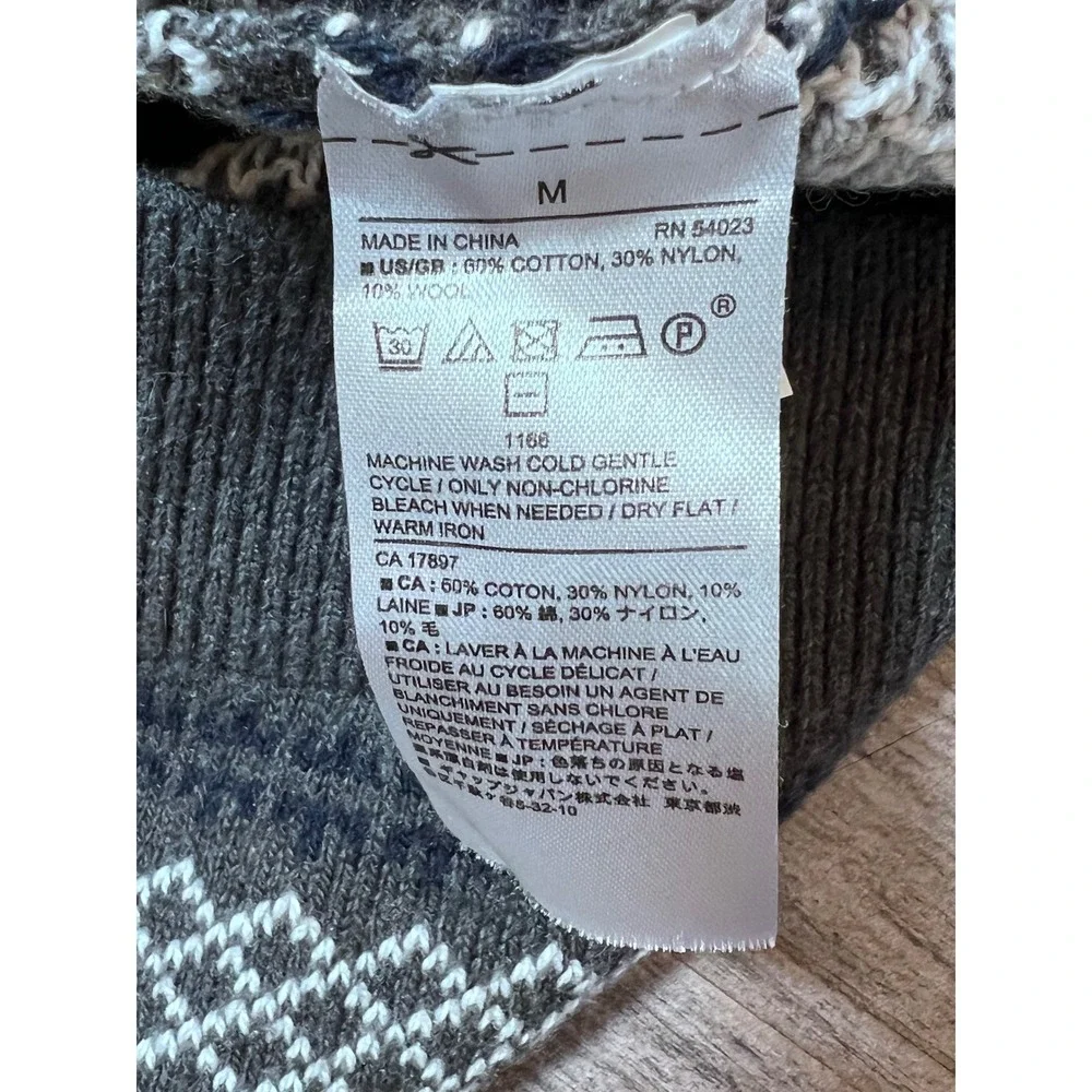 Banana Republic Mens Med‎ Crew Neck Fair Isle Knit Sweater Grey White Wool Blend